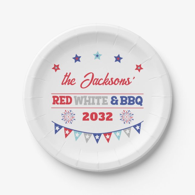 4th july Red white and BBQ family name patriotic Paper Plate (Front)