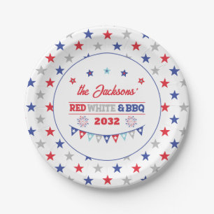 4th july Red white and BBQ family name patriotic Paper Plate