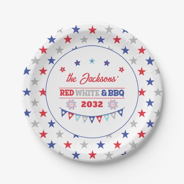 4th july Red white and BBQ family name patriotic Paper Plate (Front)