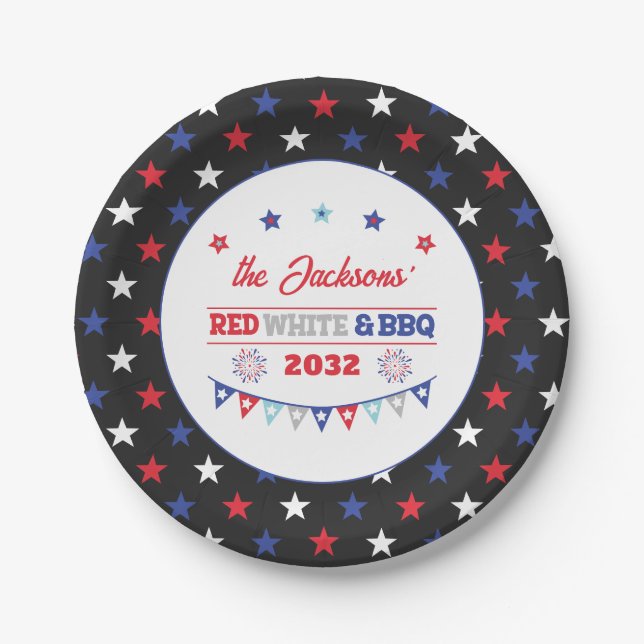 4th july Red white and BBQ family name patriotic Paper Plate (Front)