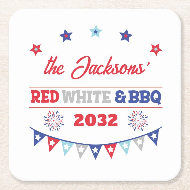 4th july Red white and BBQ family name patriotic Square Paper Coaster (Front)