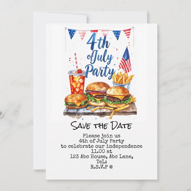  4th July Save the Date  Independence Day party   Invitation (Front)