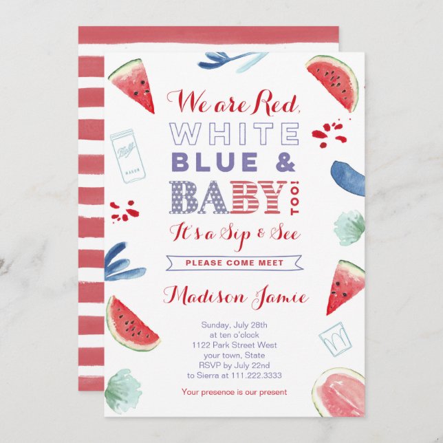 4th July Sip and See invite Cards, Red White Blue (Front/Back)