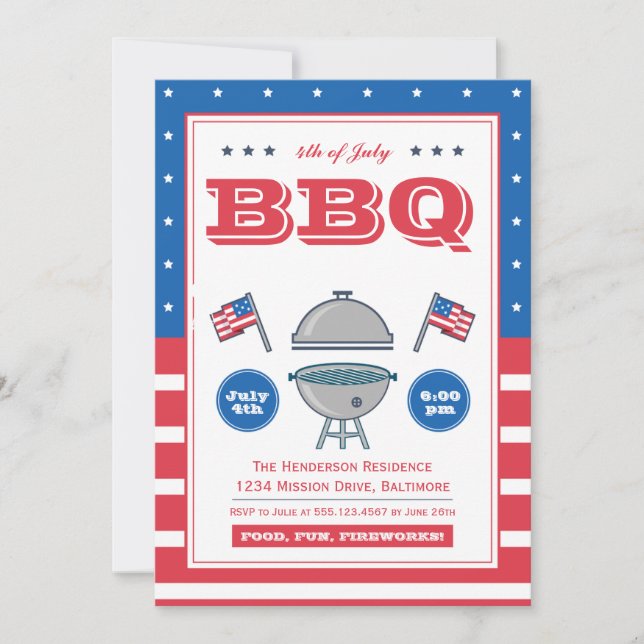 4th July Summer Grill Patriotic Flag BBQ Party Invitation (Front)