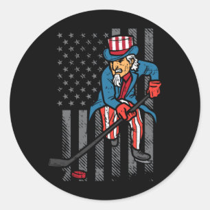 4th July Uncle Sam Ice Hockey Flag Aamerica Men Classic Round Sticker