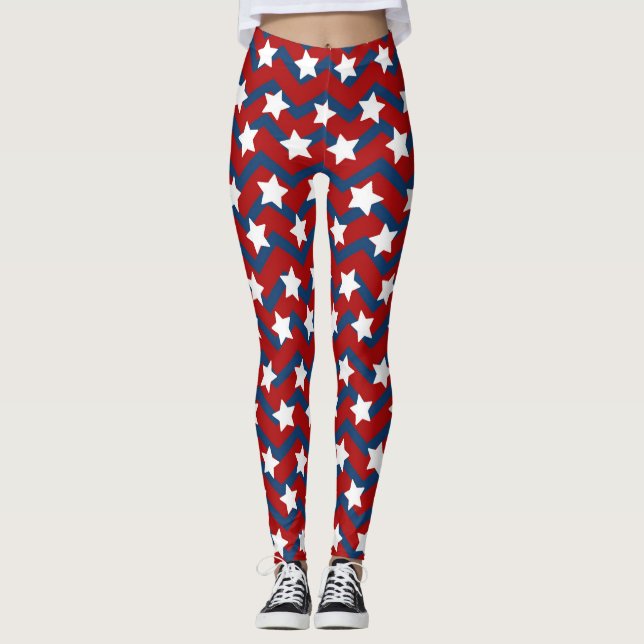 4th July USA Independence Day White Stars Blue Red Leggings (Front)