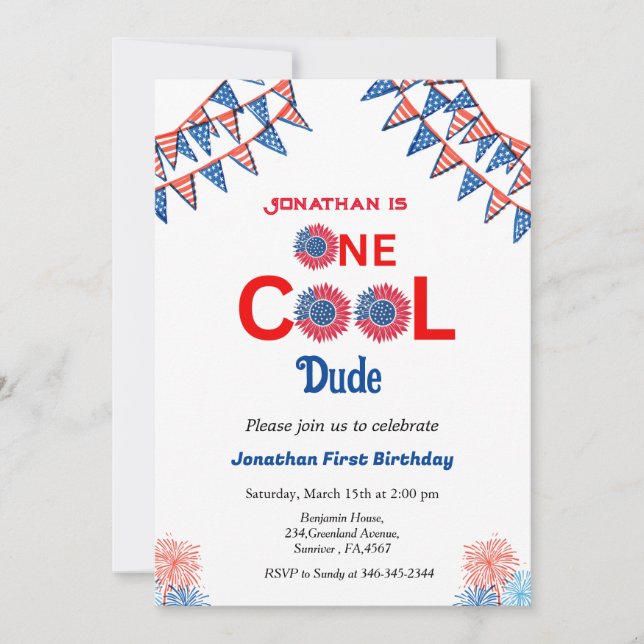 4th of july 1st birthday red white  blue patriotic invitation (Front)