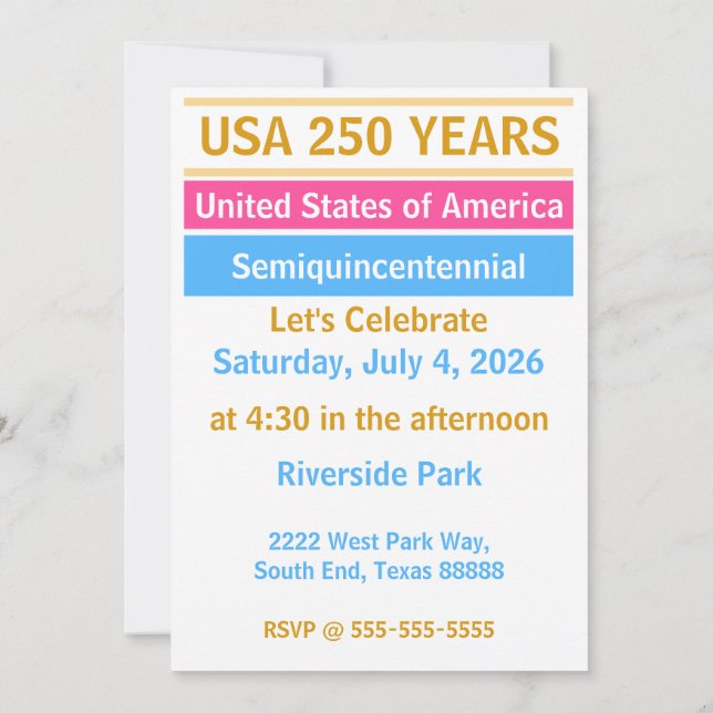 4th of July 2026 USA 250 Years Semiquincentennial  Invitation (Back)