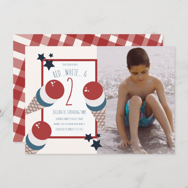 4th of July 2nd Birthday Ice Cream and Stars Photo Invitation (Front/Back)