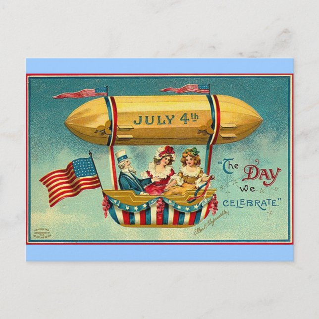 4th of July - Airship - Vintage art Postcard (Front)