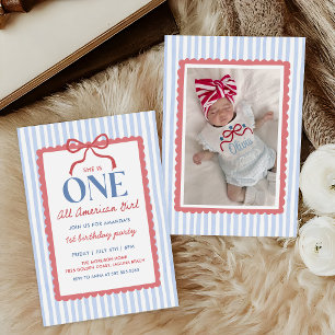 4th of July All American Bow Girl Birthday Photo Invitation
