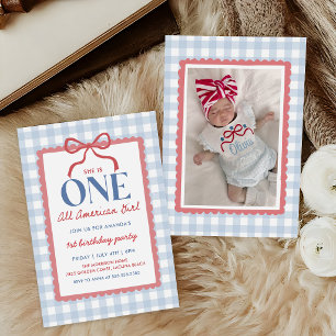 4th of July All American Bow Girl Birthday Photo Invitation