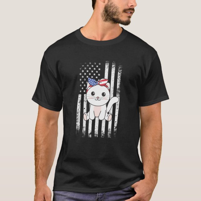 4th Of July American Cat For Kids Cute Usa Cat  18 T-Shirt (Front)