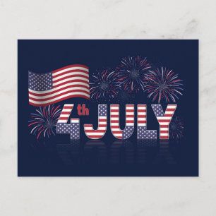 4th of July American Flag and Fireworks Postcard