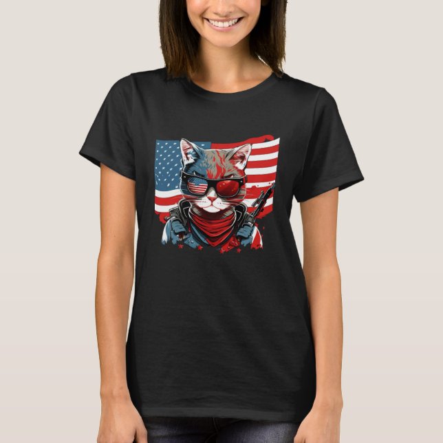 4th Of July American Flag Cat Military Kitten T-Shirt (Front)