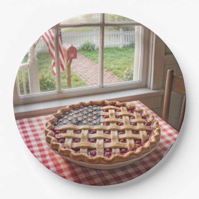 4th of July American Flag Cherry Pie Paper Plate (Front)