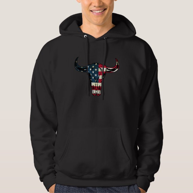4Th of July American Flag Cow Skull Men Women Boys Hoodie (Front)