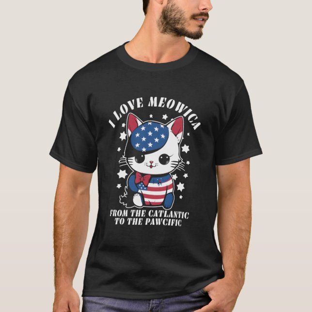 4Th Of July American Flag I Love Meowica Cat T-Shirt (Front)