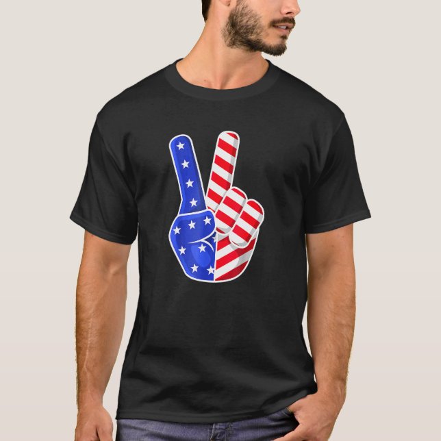 4th Of July American Flag Peace Sign Hand Patrioti T-Shirt (Front)