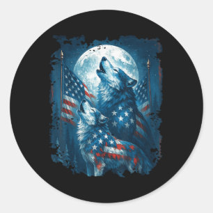 4th Of July American Flag Wolf Howling Moon Wolves Classic Round Sticker