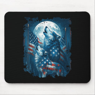 4th Of July American Flag Wolf Howling Moon Wolves Mouse Mat