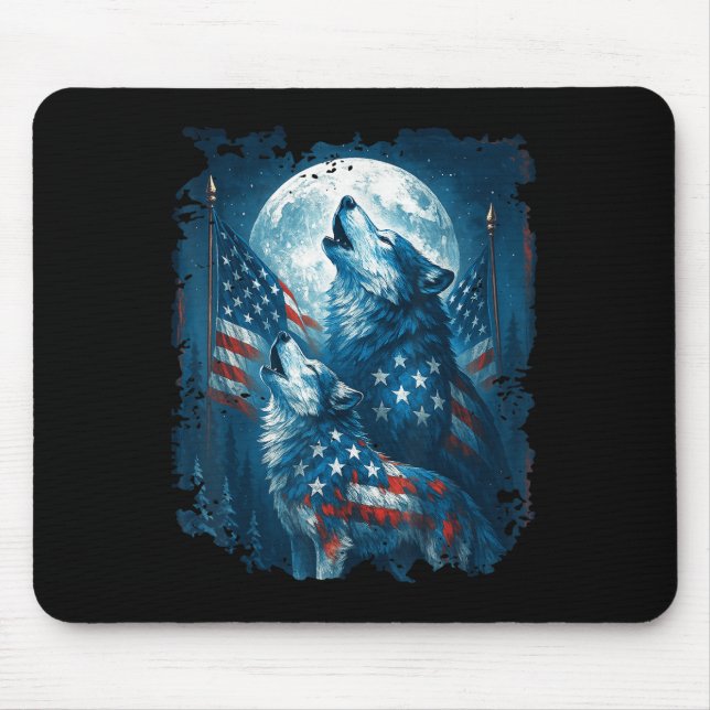4th Of July American Flag Wolf Howling Moon Wolves Mouse Mat (Front)