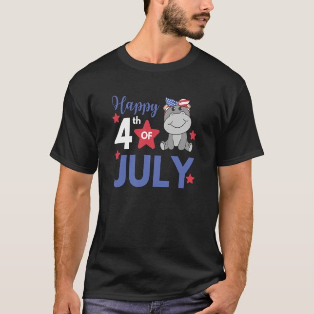 4th Of July American Hippo For Kids Cute Usa Hippo T-Shirt (Front)