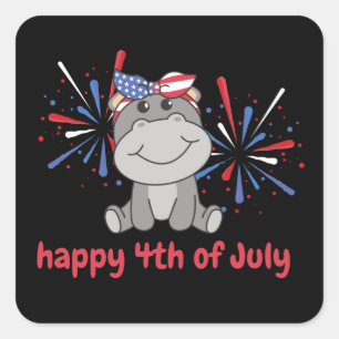 4th Of July American Hippo Kids Usa Fireworks Square Sticker