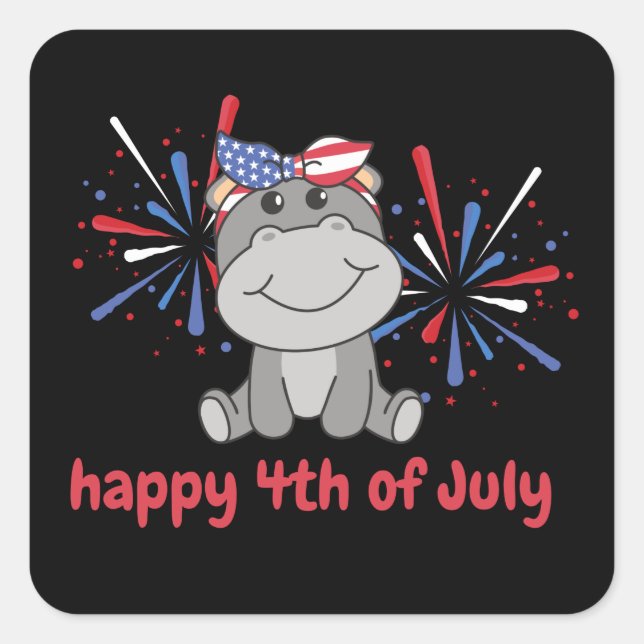 4th Of July American Hippo Kids Usa Fireworks Square Sticker (Front)