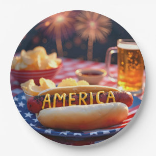 4th of July American Hot Dog and Beer Paper Plate