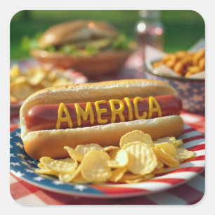 4th of July American Hot Dog Square Sticker