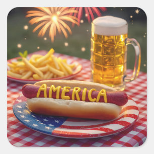 4th of July American Hot Dog Square Sticker
