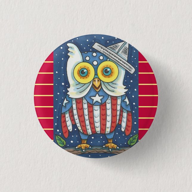 4TH OF JULY AMERICAN OWL, BIRD BUTTON Round (Front)