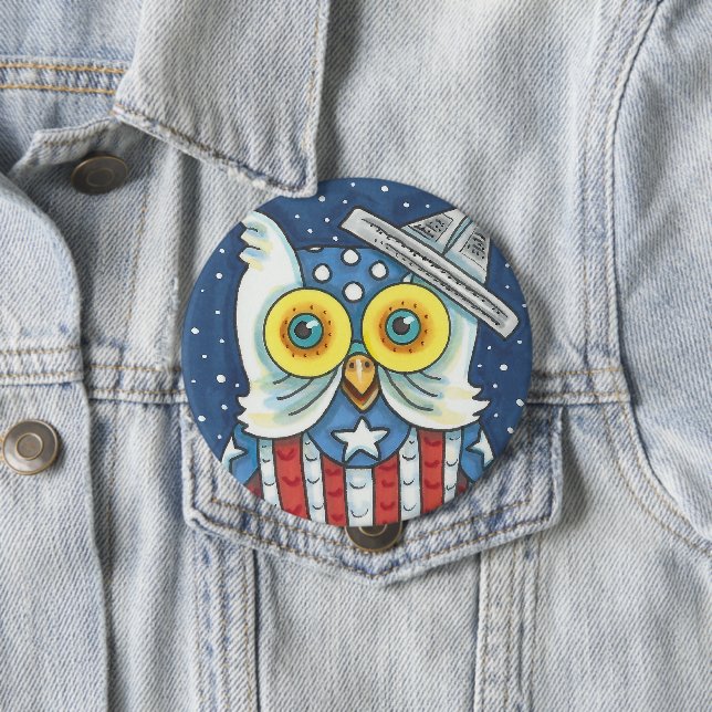 4TH OF JULY AMERICAN OWL, BIRD BUTTON Round (In Situ)