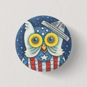 4TH OF JULY AMERICAN OWL, BIRD BUTTON Round