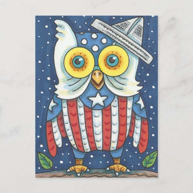 4TH OF JULY AMERICAN OWL, BIRD, HOLIDAY POSTCARD (Front)