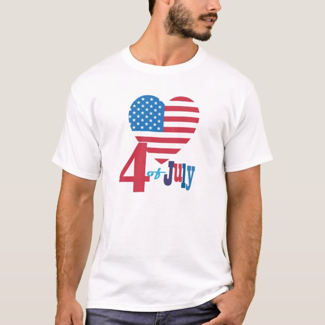 4th of July American USA Flag Heart Flag Fireworks T-Shirt (Front)