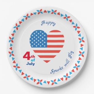 4th of July American USA Flag Heart Patriotic Paper Plate