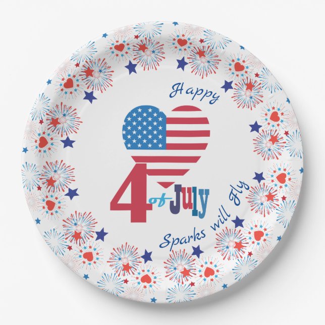 4th of July American USA Flag Heart Patriotic Paper Plate (Front)