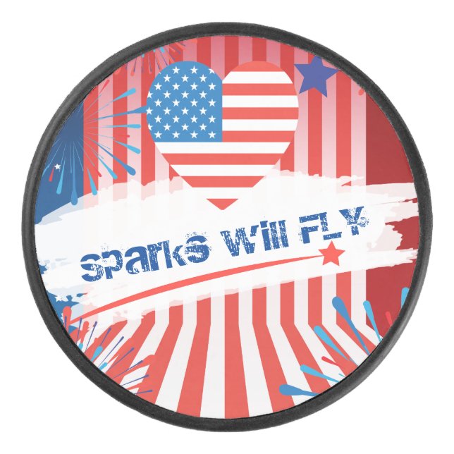 4th of July American USA Flag Heart Personalised Hockey Puck (Front)