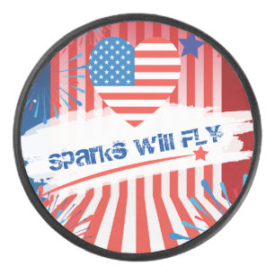 4th of July American USA Flag Heart Personalized Hockey Puck