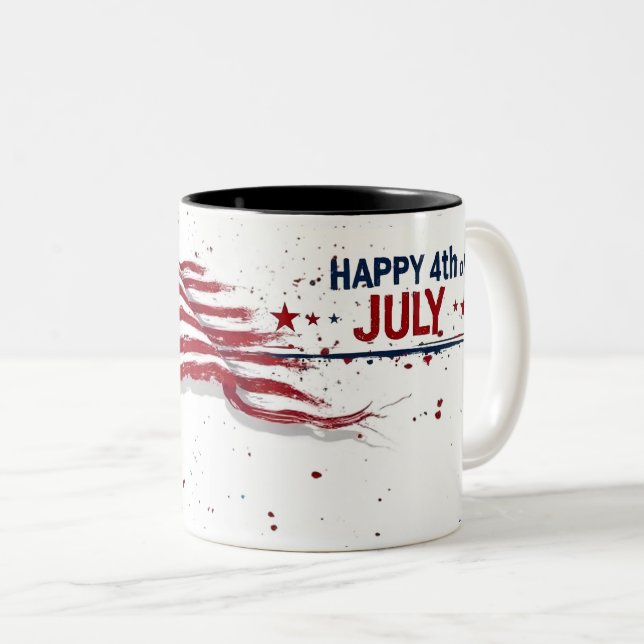 4th of July - Artistic US Flag Paint Splatter Two-Tone Coffee Mug (Front Right)