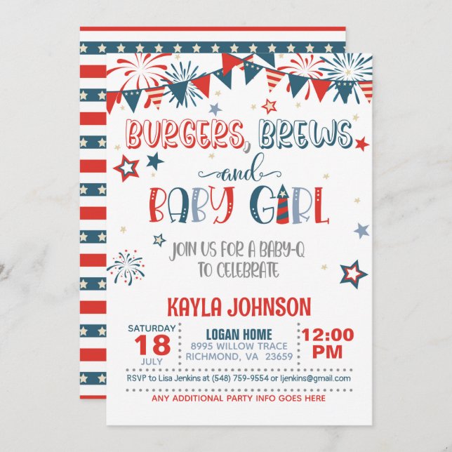 4th of July Baby Q Baby Shower - Girl Invitation (Front/Back)
