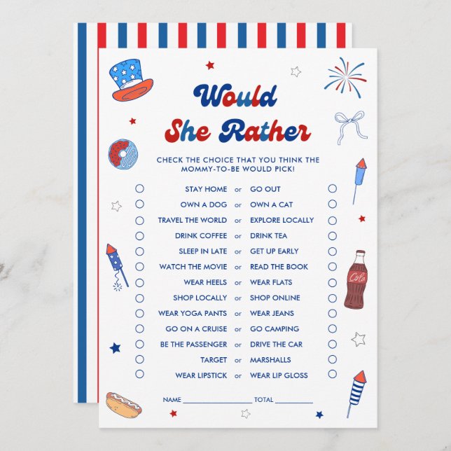 4th of July Baby Shower Would She Rather Game Card (Front/Back)