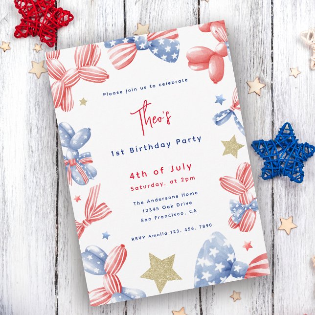 4th of July Balloon Baby Boy 1st Birthday Party Invitation (Creator Uploaded)