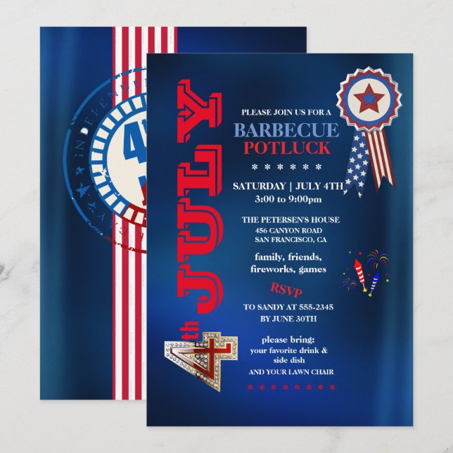 4th of July Barbecue Potluck Party  Invitation (Front/Back)