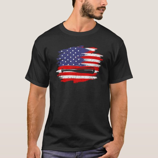 4th of July Baseball   American Flag With Bat Patr T-Shirt (Front)