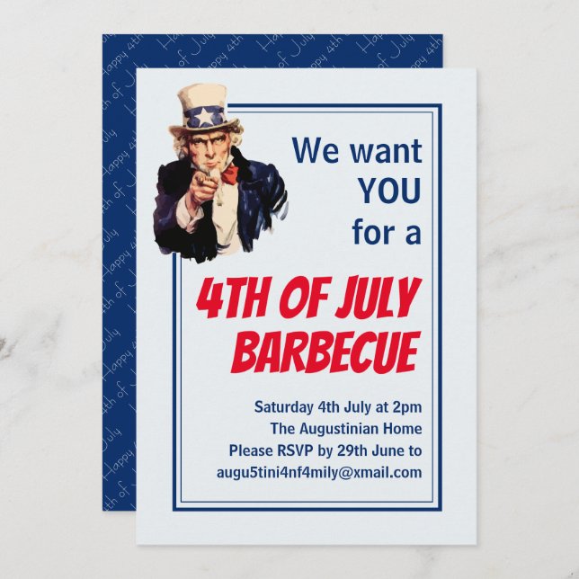 4TH OF JULY BBQ BARBECUE Uncle Sam Customised Invitation (Front/Back)