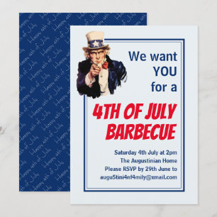 4TH OF JULY BBQ BARBECUE Uncle Sam Customised Invitation