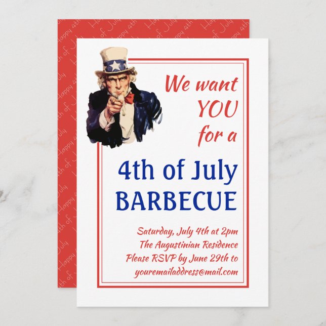 4TH OF JULY BBQ BARBECUE Uncle Sam Customised RED Invitation (Front/Back)